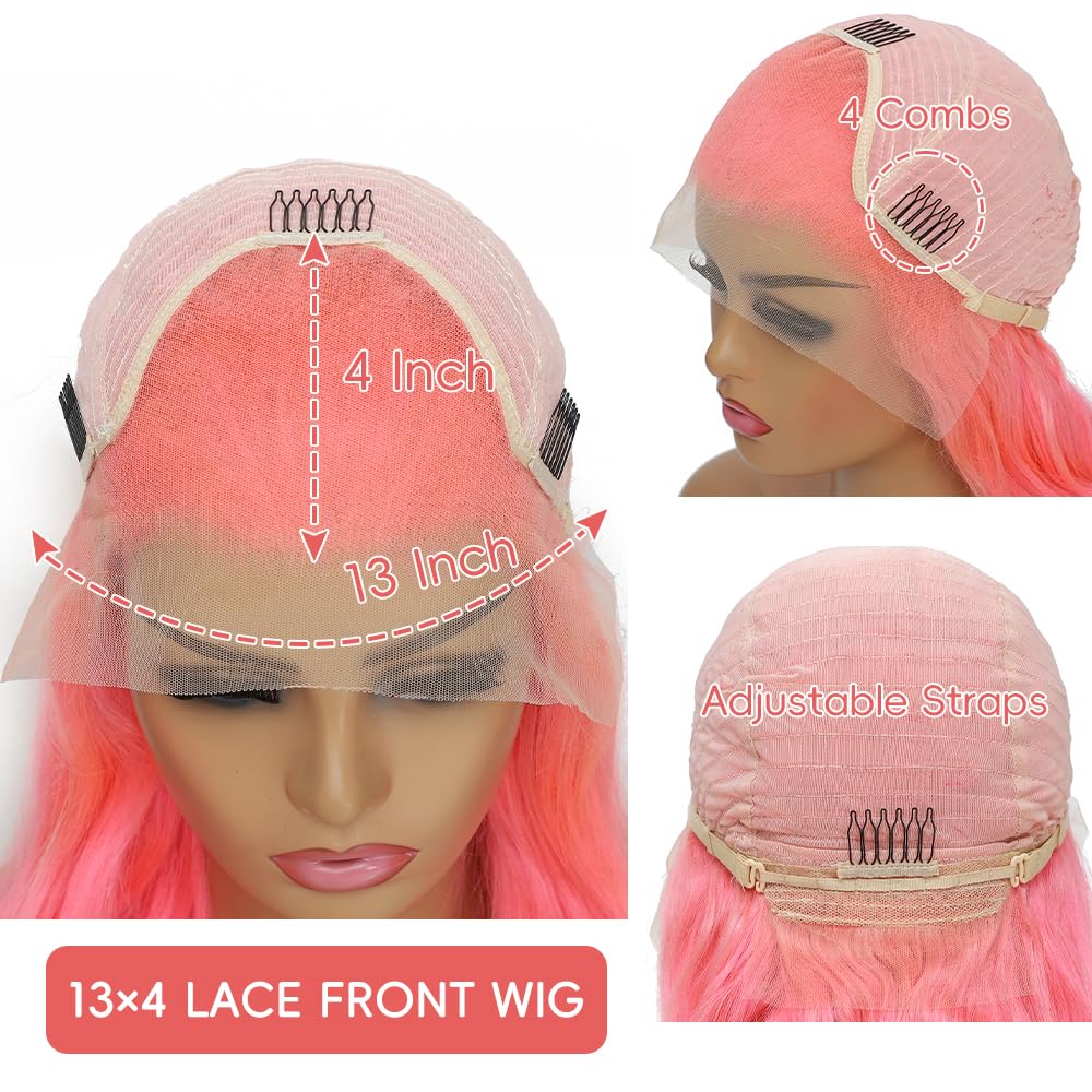 Pink Lace Front Wigs Human Hair 13x4 HD Body Wave Lace Front Wigs Human Hair Pre Plucked Frontal Wig 180% Density Colored Pink Human Hair Wig Glueless Wigs 24 Inch - Image 4