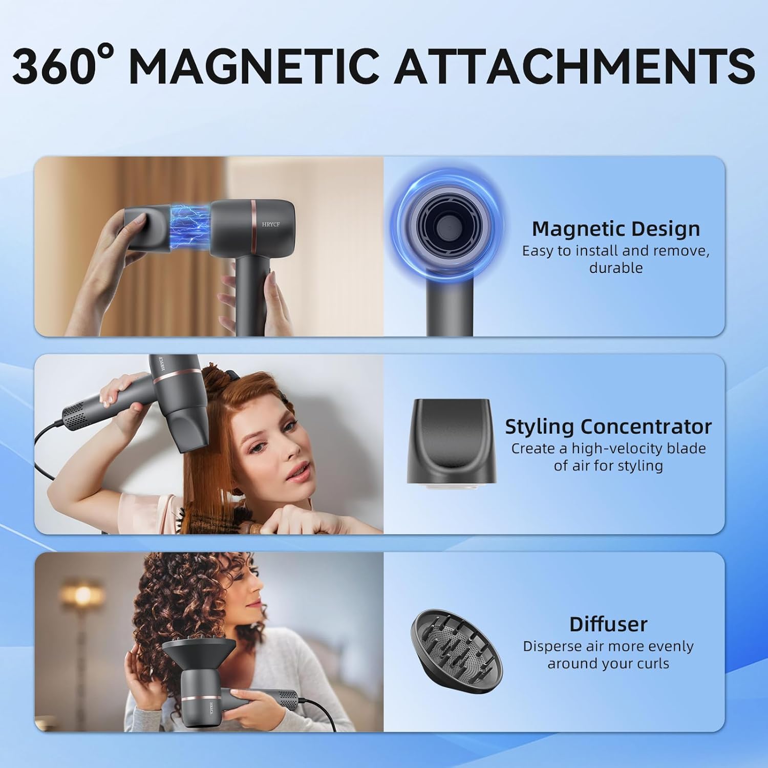 Hair Dryer, 160000RPM Fast Drying Blow Dryer, 500 Millions Negative Ionic High Speed Hair Dryer Professional Care Blow Dryer, Thermo-Control Low Noise with Magnetic Nozzle & Diffuser, Gray - Image 6