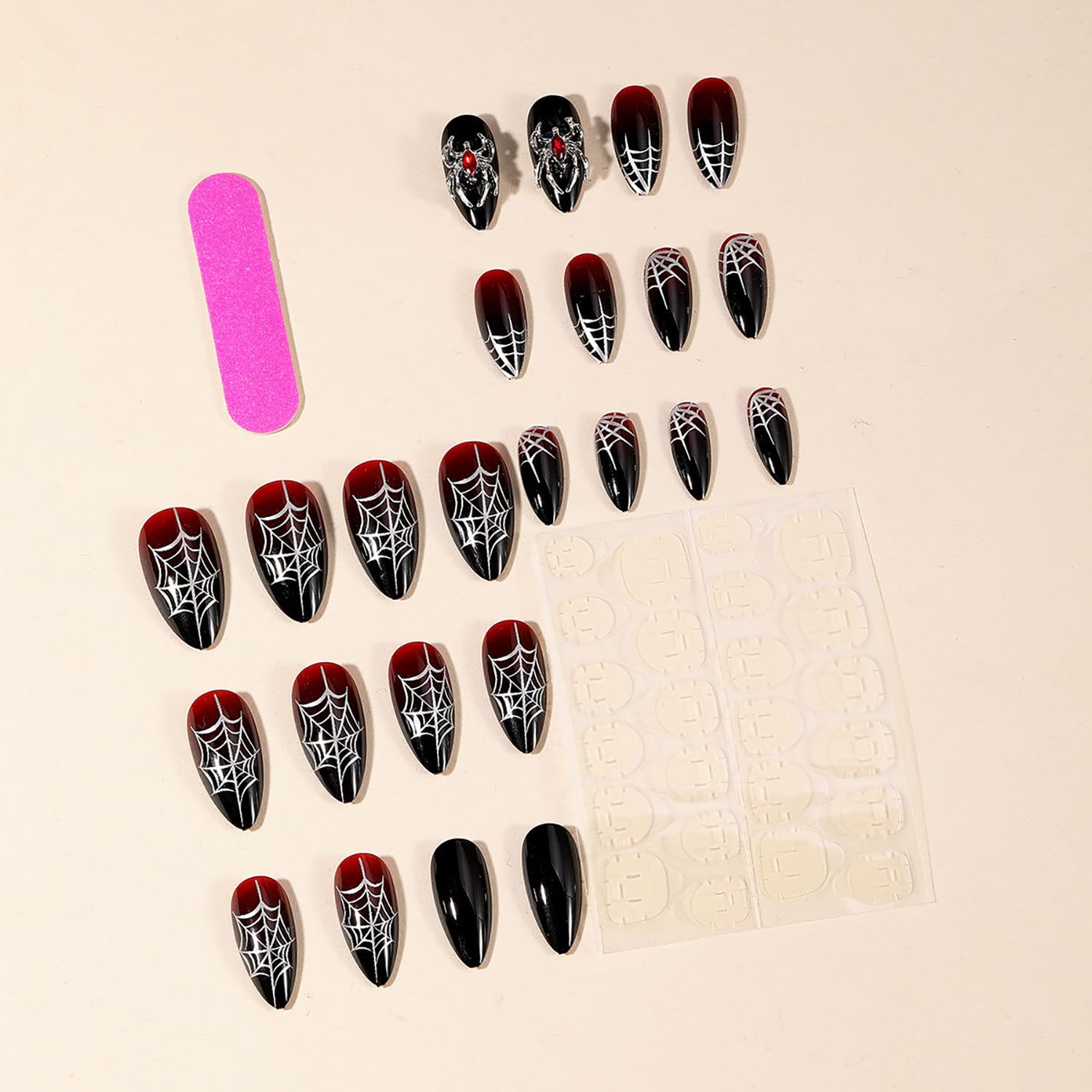 Halloween Press on Nails Medium Almond MABKJLF Spider Charms Fake Nails Red Gradient False Nails with Spider Web Designs Black Matte Acrylic Nails Glossy Glue on Nails for Women Girls 24 Pcs - Image 5