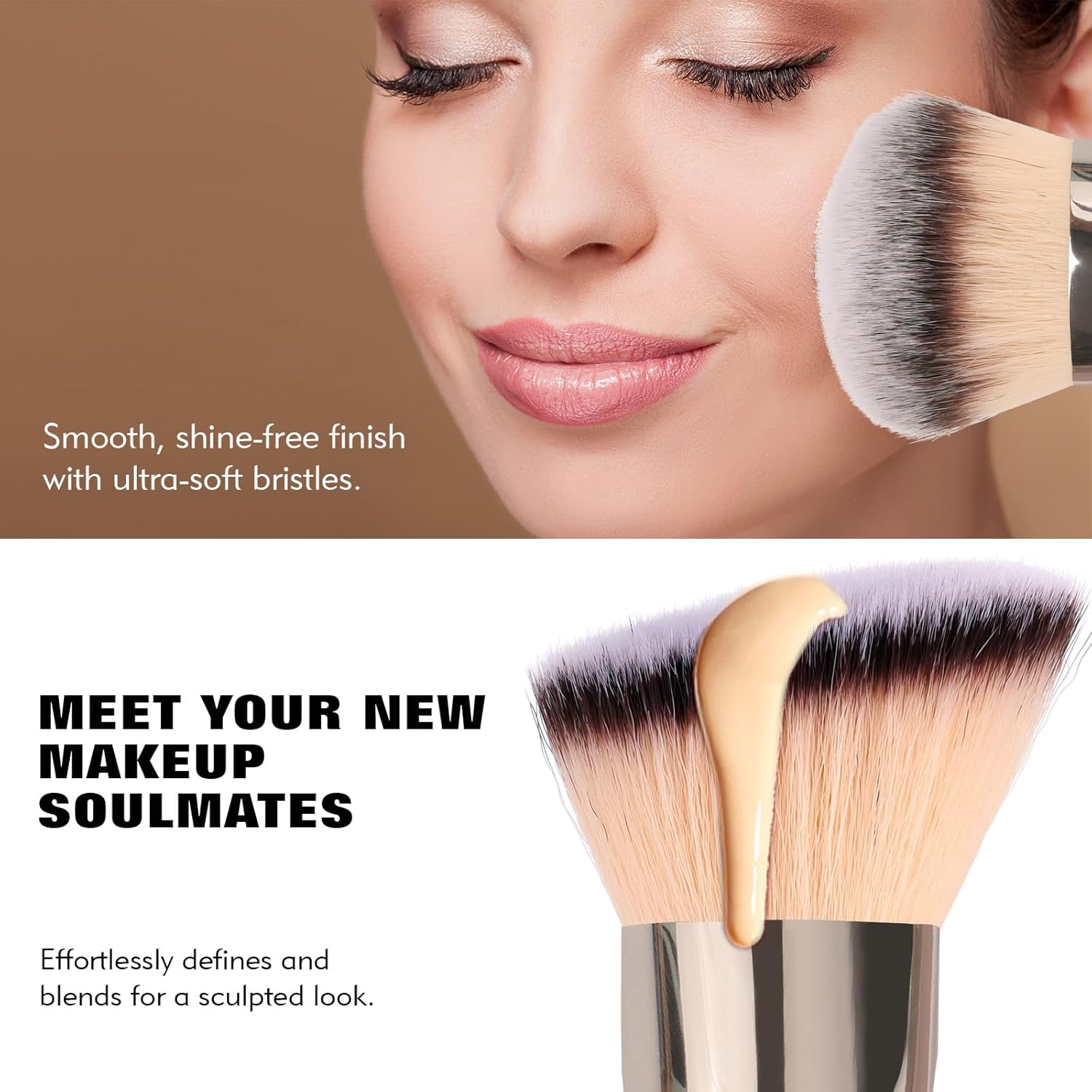 Dual-Ended Foundation Brush: Round & Angled Pro-Grade makeup brushes, 100% Vegan Synthetic Makeup Brush for Flawless Blending and Application of Liquid, Powder, Cream, Blush - Image 4