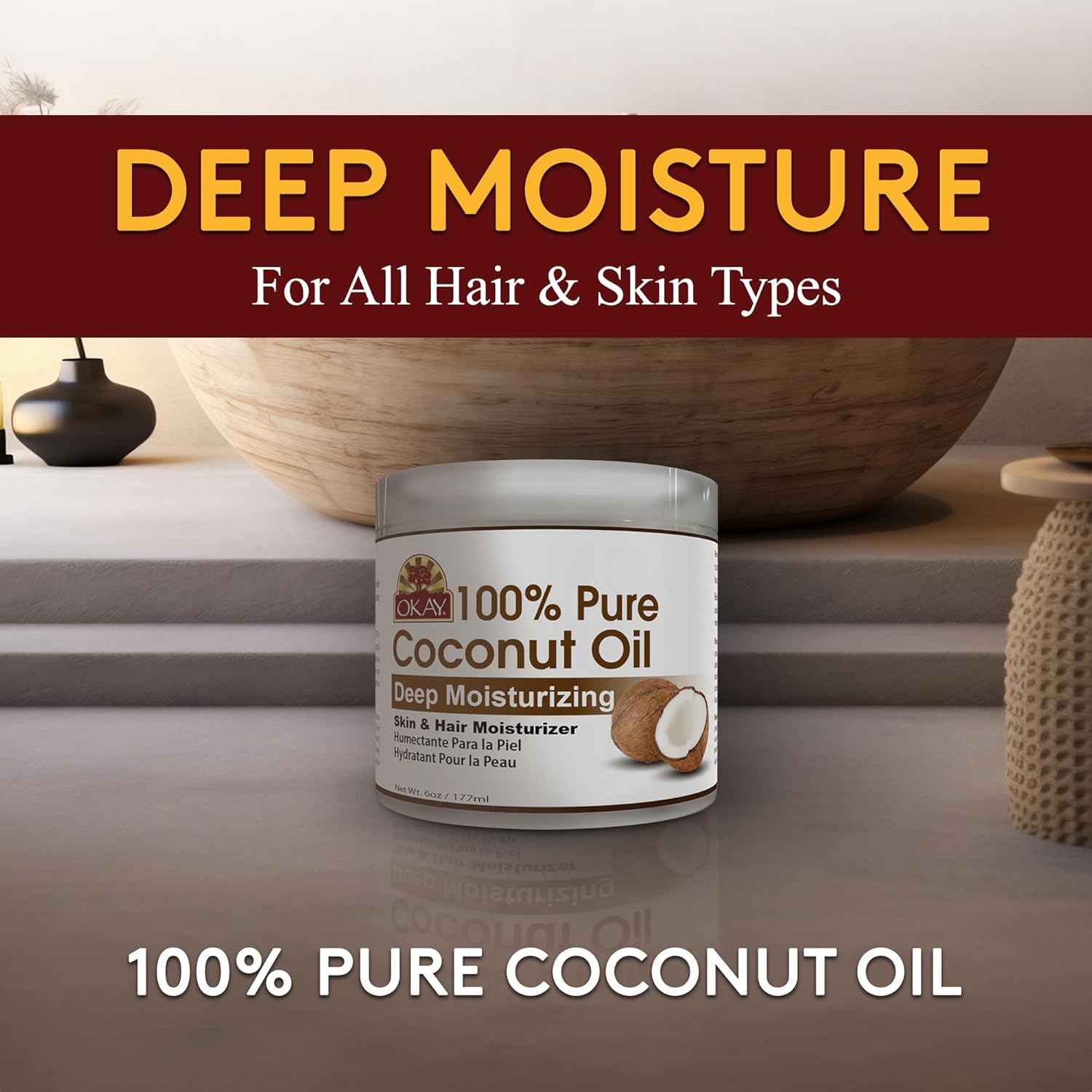 Okay 100% Pure Coconut Oil for Hair & Skin - Coconut Oil for Women & Men, Perfect for Hair & body, Natural Massage Oil & Moisturizer - 6 fl oz Jar (Pack of 1) - Image 2