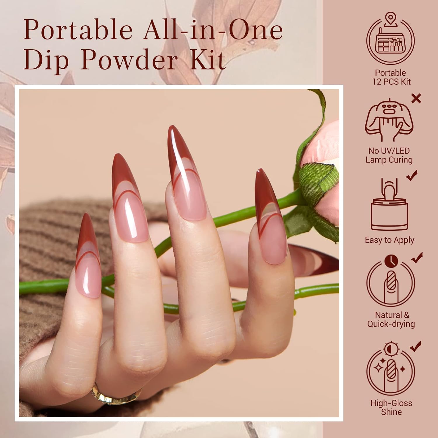 AZUREBEAUTY Dip Powder Nail Kit Starter, 4 Colors Skin Nude Brown Glitter, Acrylic Dipping Powder Liquid Set with Base/Top Coat Activator for Daily French Nail Art Manicure DIY Gift 12 Pcs - Image 3