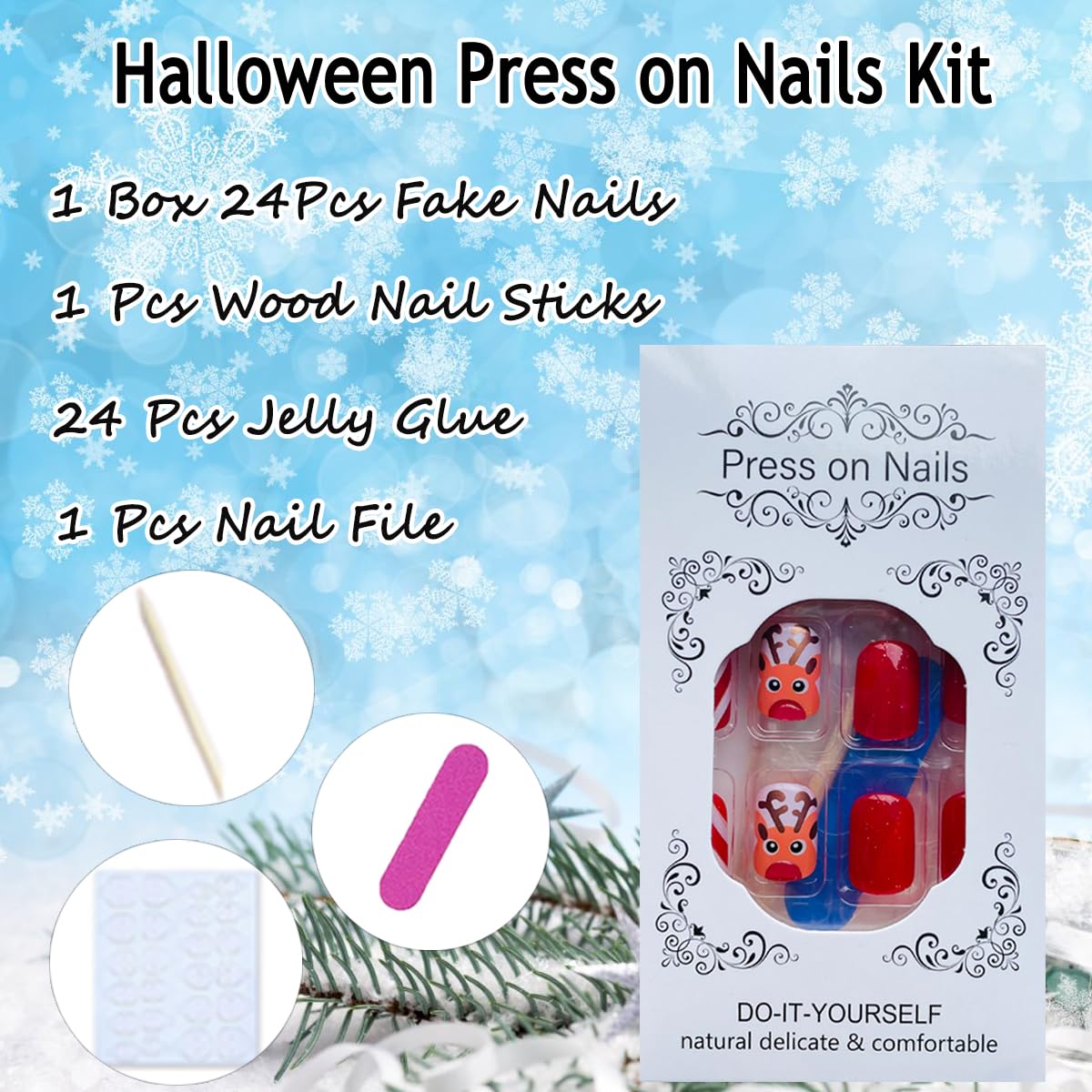 Christmas Press on Nails Short Christmas Fake Nails Cute Reindeer Acrylic Nails with Red Stripe Design Christmas Glue on Nails Winter Stick on Nails Full Cover Artificial False Nails for Women 24Pcs - Image 6