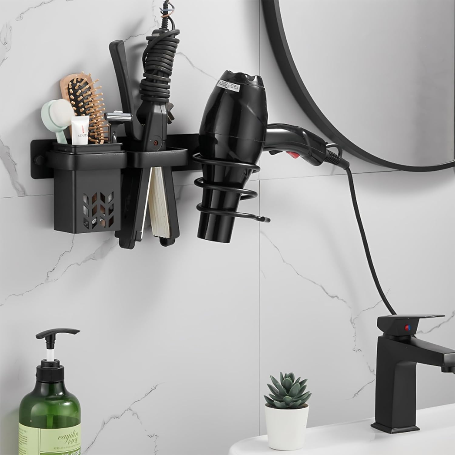 Hair Dryer Holder Wall Mounted, Blow Dryer Rack Holder, Bathroom Bedroom Hair Styling Beauty Care Tools Organizer Storage Basket for Flat Iron, Curling Wand, Hair Straightener (Black) - Image 7