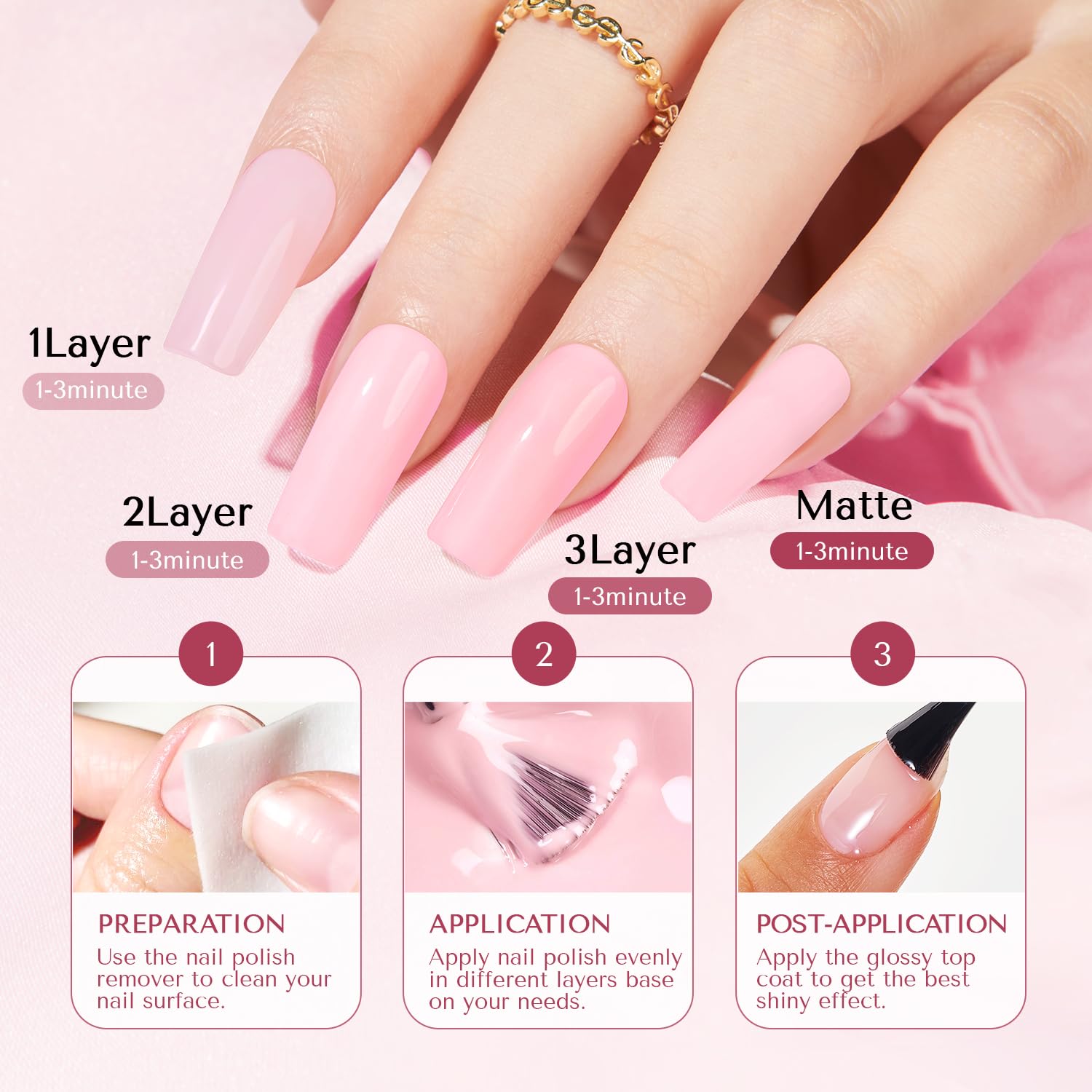 AZUREBEAUTY Nail Polish Set, Nude Pink Jelly Quick Dry Complete Starter Natural Nail Lacquer Strengthening Treatment Kit with Top Coat, 50Pcs Nail Remover Pad for Women - Image 4