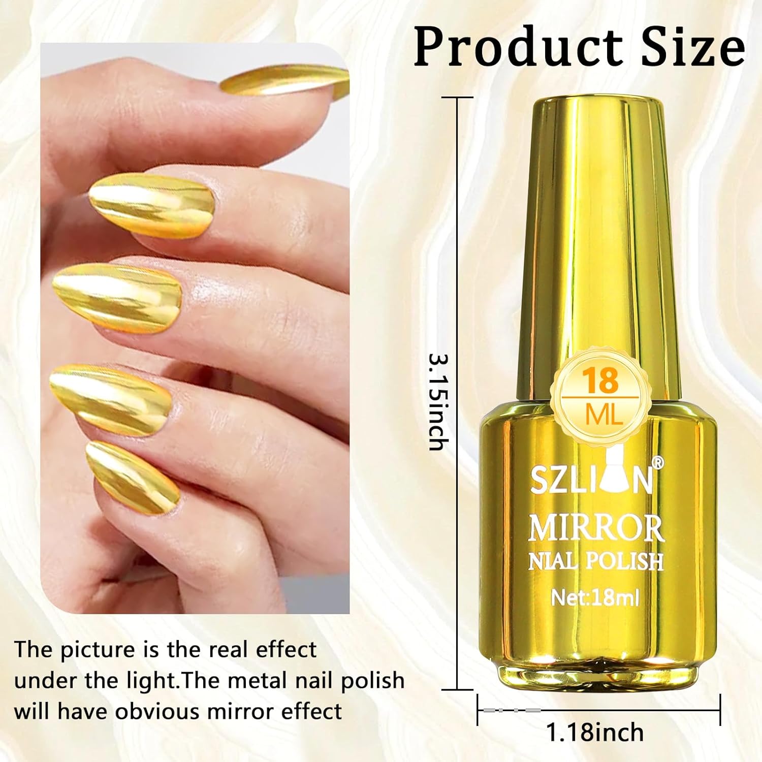 SIUSIO 18ml Mirror Nail Polish, Bright Colorful Metallic for Nail Art, Longlasting Mirror Effect Glue, Gorgeous Reflective Manicure Lacquers, 0.61 fl oz-Gold - Image 2