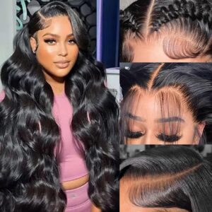 Body Wave Lace Front Wigs Human Hair Pre Plucked 13x4 HD Lace Frontal Wigs 180 Density Natural Black Wigs for Women Lace Front Wig with Baby Hair (Natural Black, 18 inch)