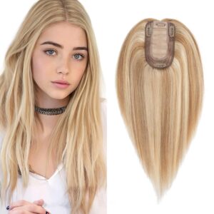SEGO Real Human Hair Topper for Women, Toppers with 4 Anti-Slip Clips with Thinning hair No Bangs (12 Inch#12P613 Golden Brown Mix Bleach Blonde)