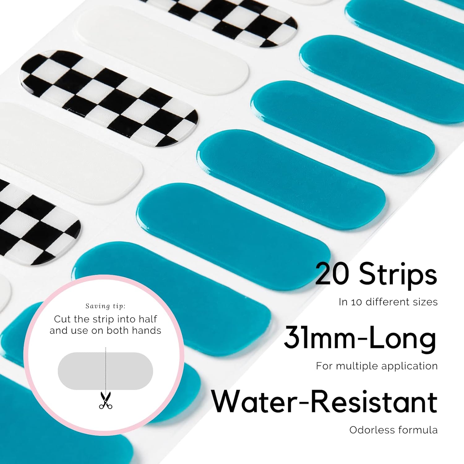 NAILOG Semi Cured Gel Nail Strips (20 Extra Long Checkered Polish Stickers/Wraps) │ Glossy & Long Lasting Soft Gel Finishing (Full Speed) - Image 4