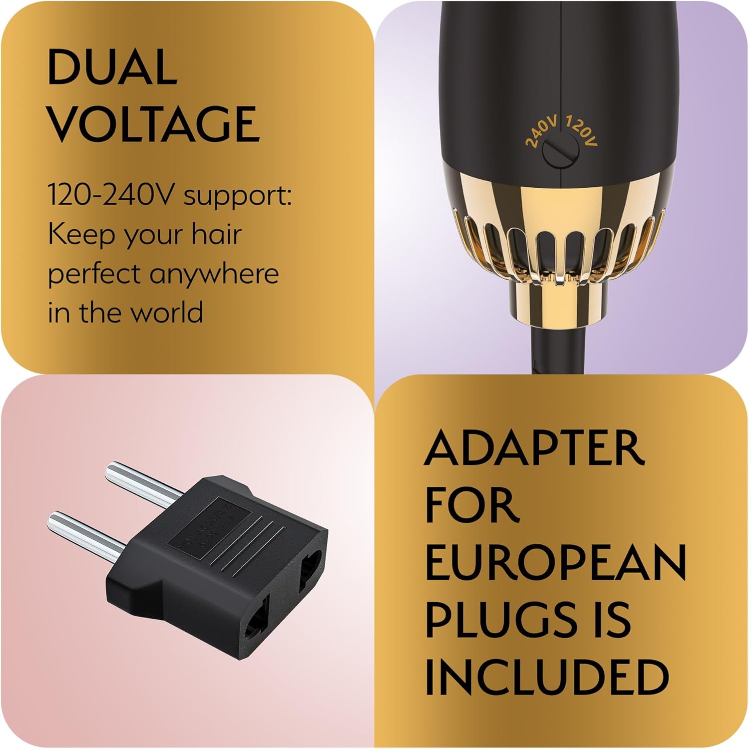 Professional Dual Voltage Blowout Hair Dryer Brush for European Travel 110V-120V/220V-240V, Black Gold Dryer and Volumizer, Hot Air Brush for Women, 2.4 INCHES Oval Shape - Image 4