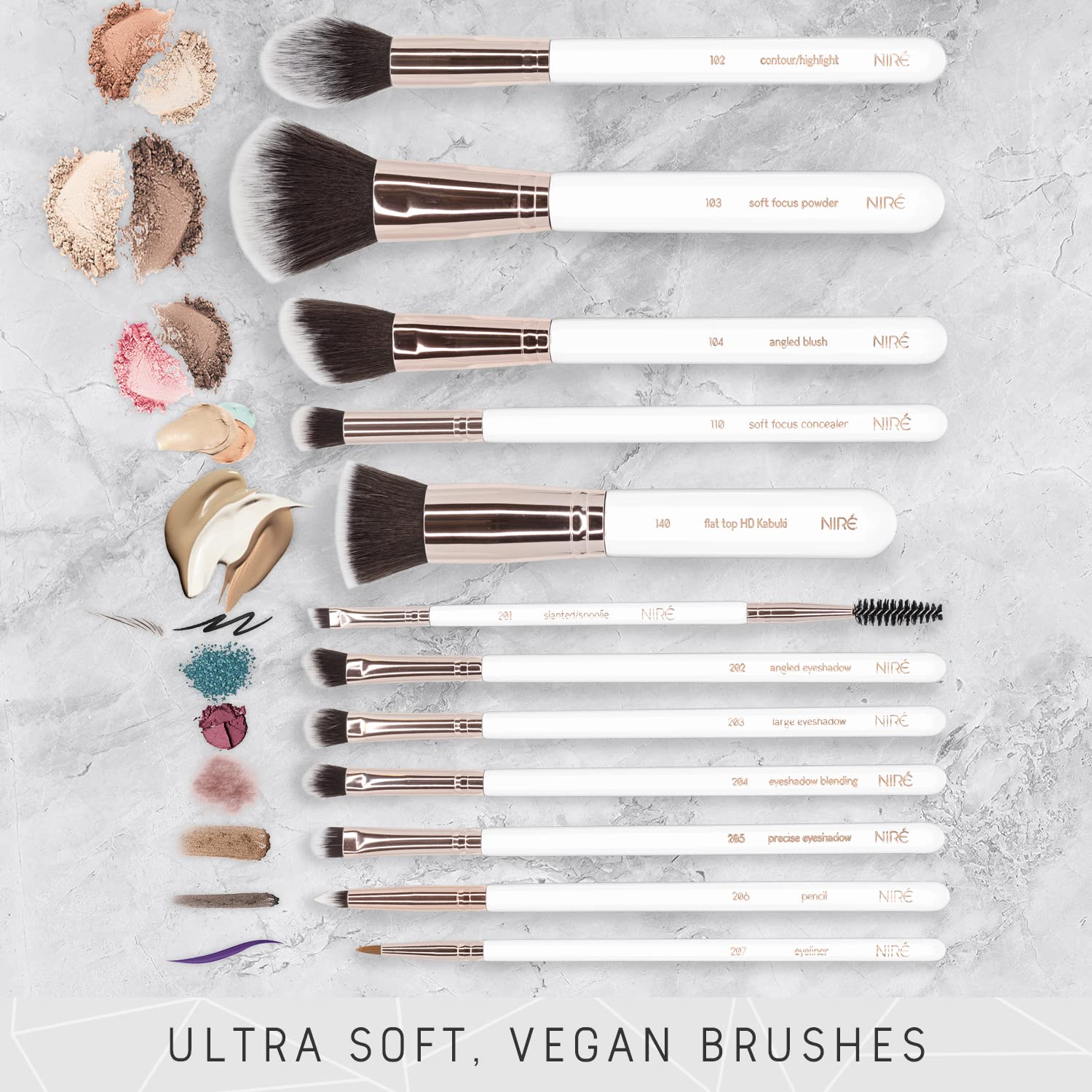 Niré Beauty White 15piece Award Winning Professional Makeup Brush Set: Vegan Makeup Brushes with Case, Makeup Sponge, Cleaner, Guide, Gift Box - Image 2