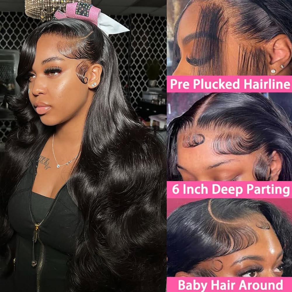 30 Inch 13x6 Lace Front Wigs Human Hair 200% Density Body Wave HD Lace Front Wigs Human Hair Pre Plucked Glueless 13x6 Full Frontal Wig for Women Natural Black - Image 2