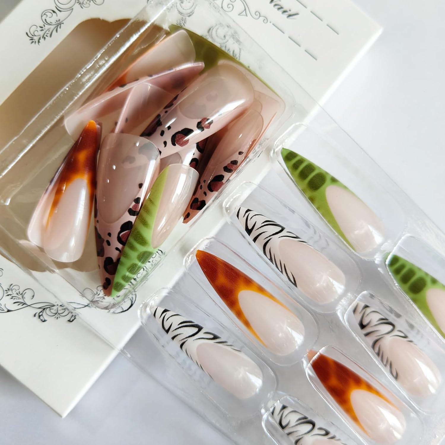 French Tip Press on Nails Almond Fake Nails with Animal Print Designs Leopard Zebra Tortoise False Nails Glossy Glue on Nails Acrylic Nails Full Cover Long Stick on Nails for Coquette Women 24Pcs - Image 2