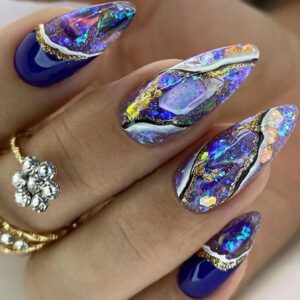 Almond Press on Nails Short Blue Marble Fake Nails Medium long Glitter Glue on Nails Acrylic Fantasy Stick ons Nails for Women Classy False Nails for Wedding Birthday