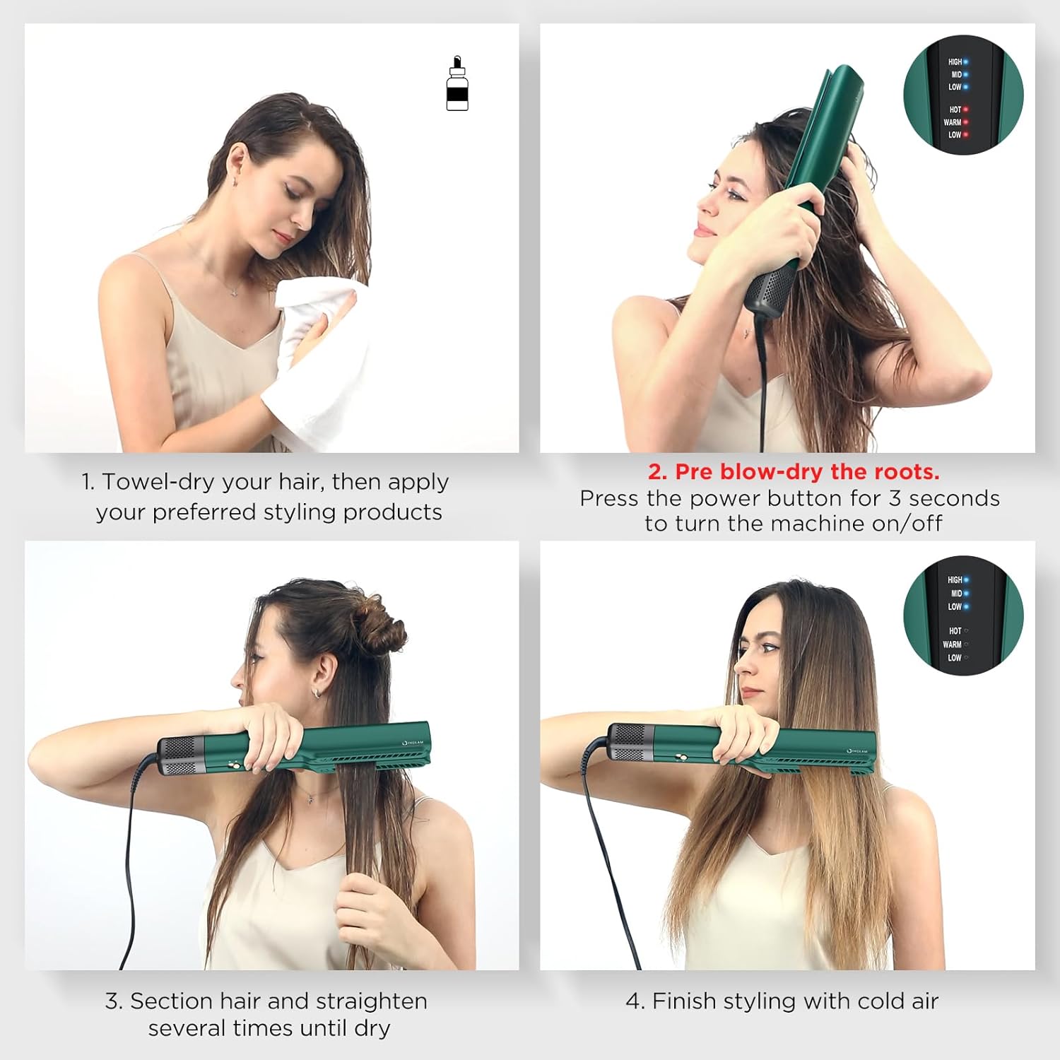 IG INGLAM Air Straight, Style from Wet Hair, 200M Ionic Dryer Straightener for Medium Long Hair (14'-30'), 2 in 1 Fast Drying and Straightening, Dark Green - Image 2