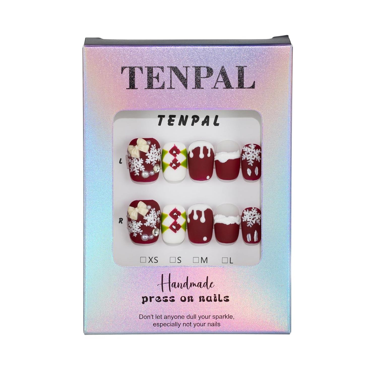 Christmas Press on Nails Matte White Snowflake Fake Nails with Glue Cute Short Square Handmade Red Stick on Nails for New Year Gifts Wearable Xmas Acrylic Artificial False Nails with Plaid(M) - Image 6