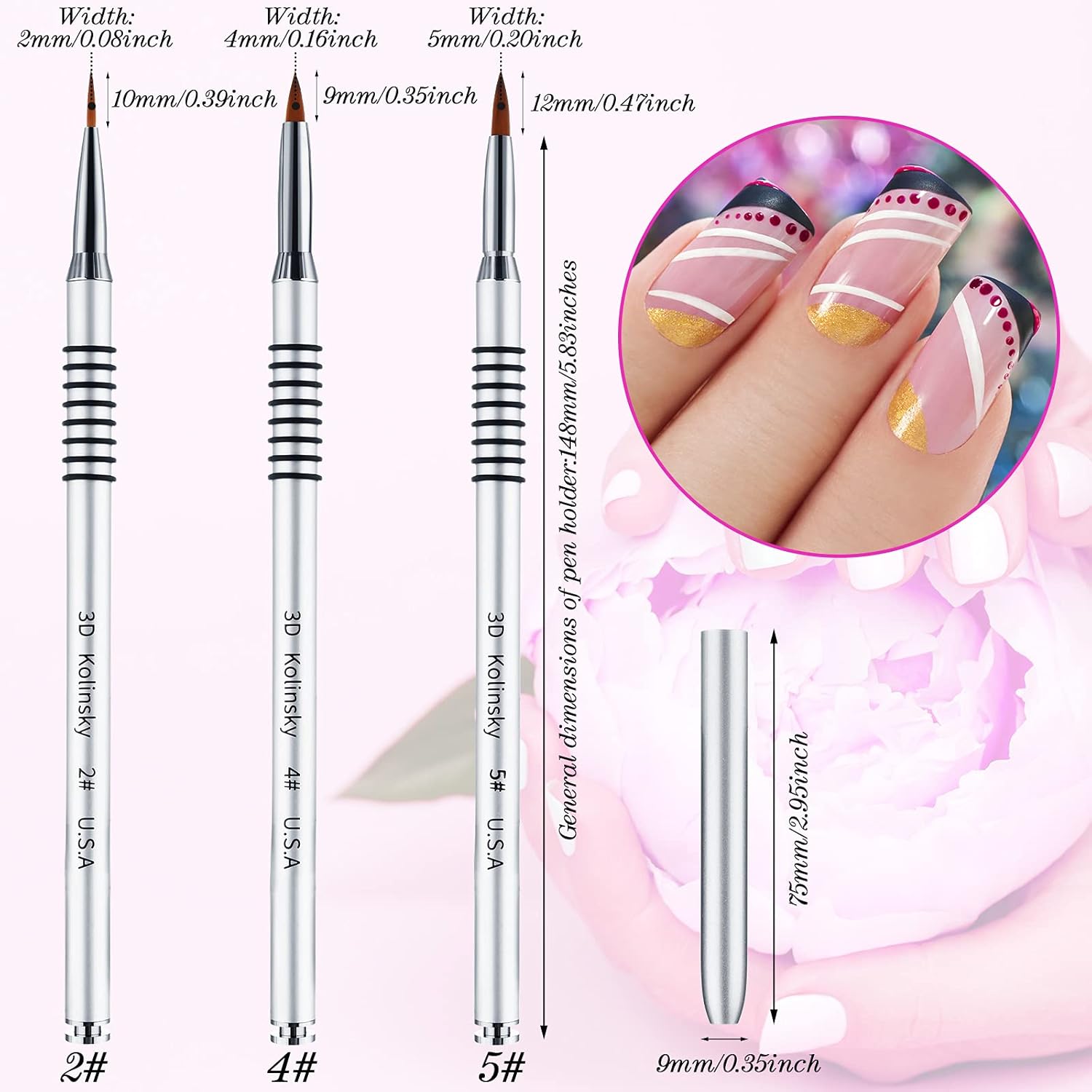 6 Pcs 3D Kolinsky Acrylic Nail Art Brush Set Acrylic Powder Sculpture Painting Brush pen Size 2/4/5 with Silver Metal Nonslip Grip Handle for 3D Nail Art Flower Design - Image 3