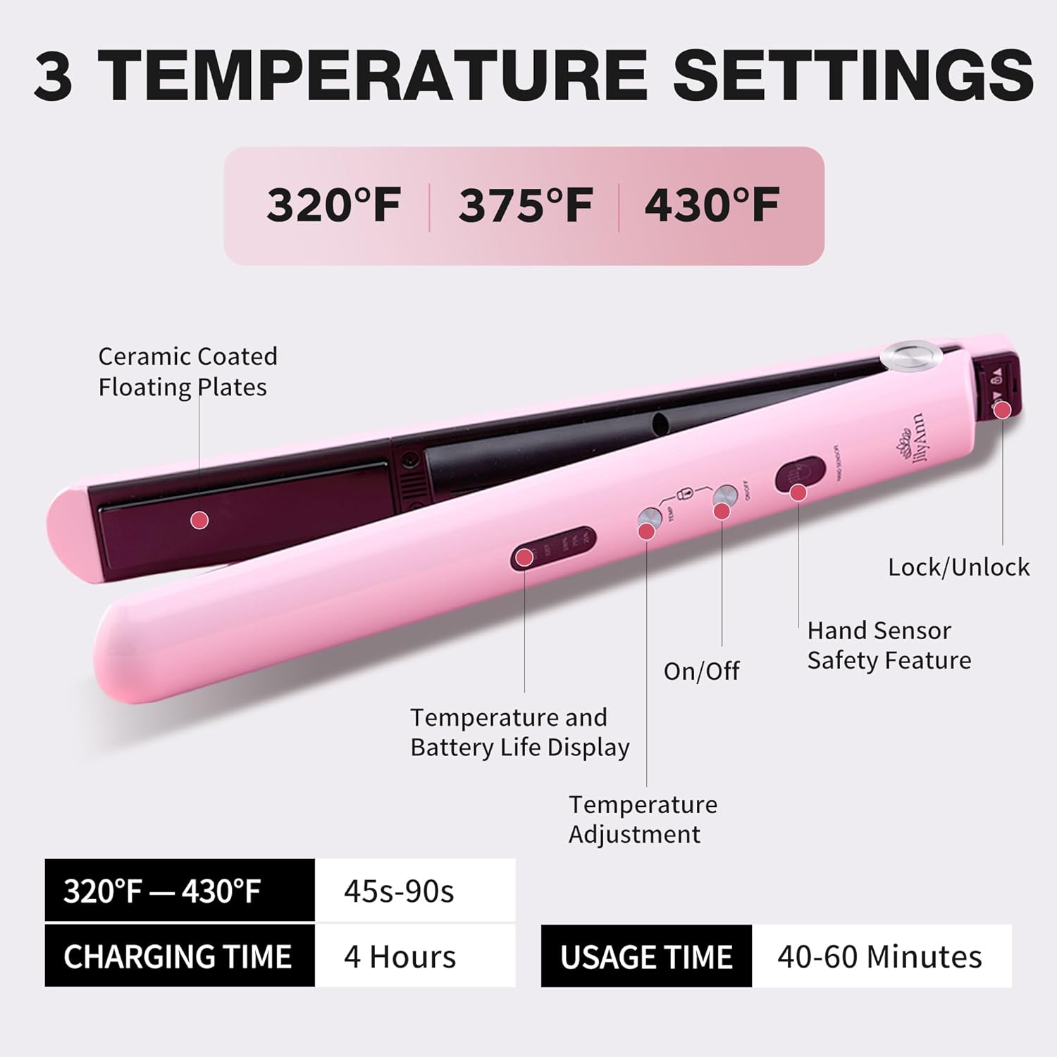 Cordless Hair Straightener & Curler 2-in-1 | Ceramic Flat Iron, Dual Voltage 9000mAh Battery | Reduces Frizz for Shinier, Smoother Hair | 3 Temp 350°F/375°F/430°F | USB-C Rechargeable - Image 3