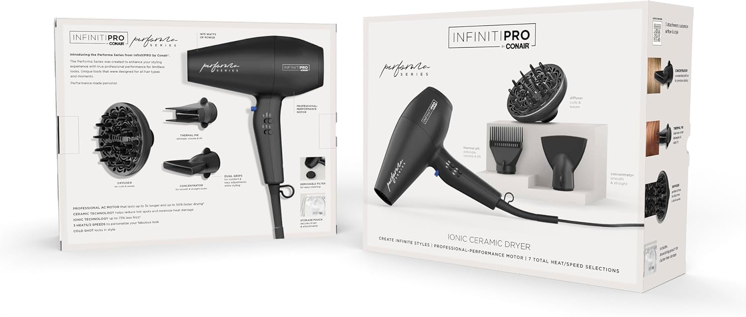 Conair Infiniti Pro Hair Dryer with Diffuser Plus 2 Other Attachments and Drawstring Storage Bag | Performa Series Hair Dryer | Blow Dryer with Professional Performance Motor | Black - Image 6