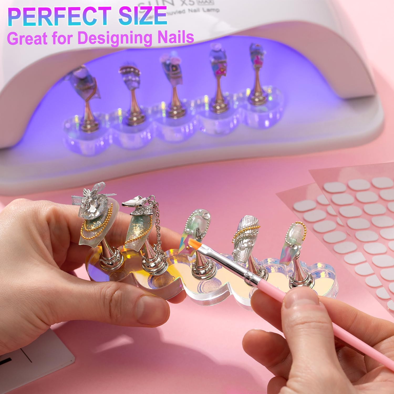 2 Set Nail Stands, Thickened Metal Nail Stand for Press Ons, Aurora Heart Nail Polish Holder for Painting, Fake Nail Display Stand Nail Practice Magnetic Nail Art Tools w/ 100Pcs Reusable Glue Tabs - Image 2