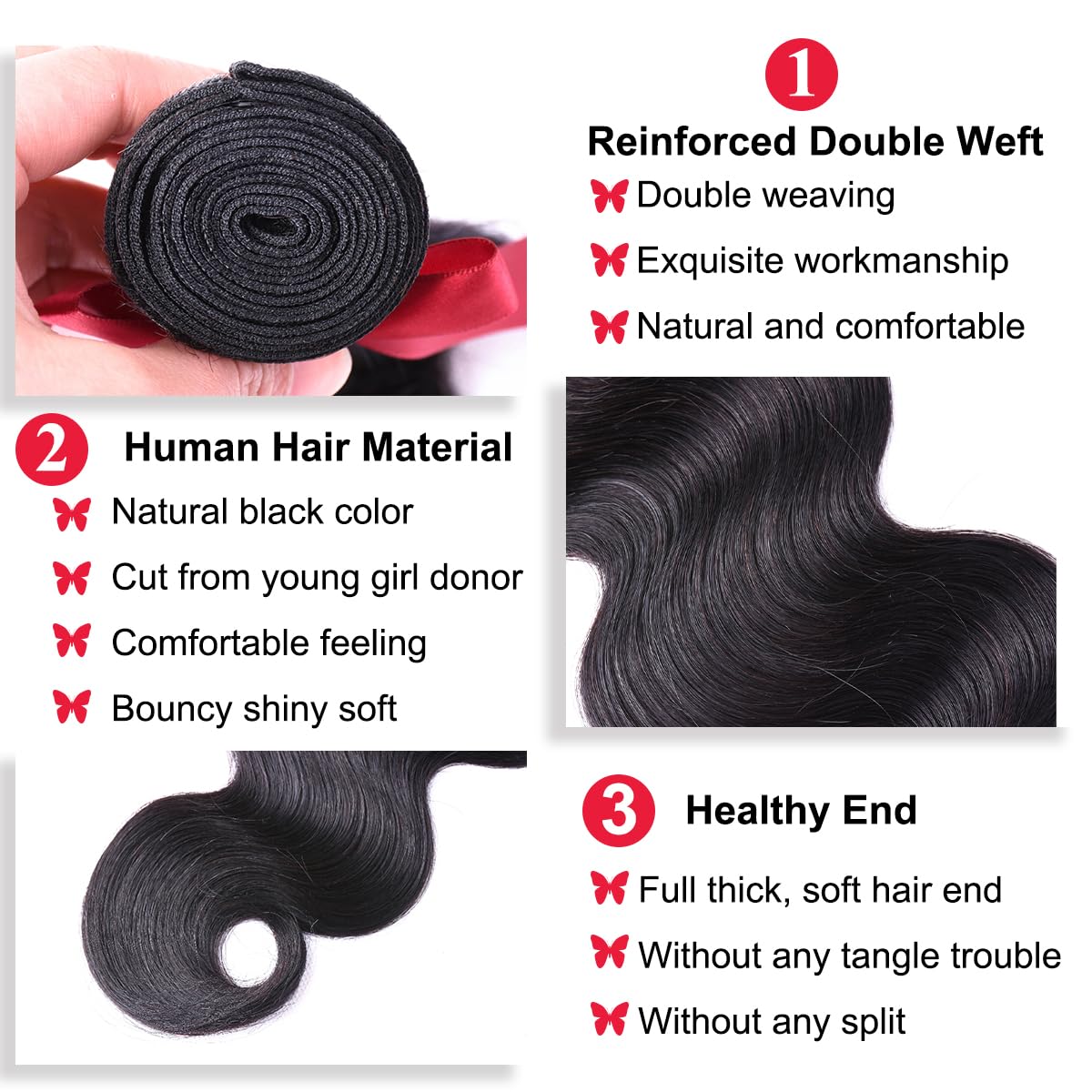 ALLRUN Body Wave Bundles with Closure Human Hair 100% Unprocessed Brazilian Human Hair Bundles Body Wave with 4x4 Lace Closure Free Part Wavy Sew In Hair Extensions Black Color 14 16 18+12 Inch - Image 4