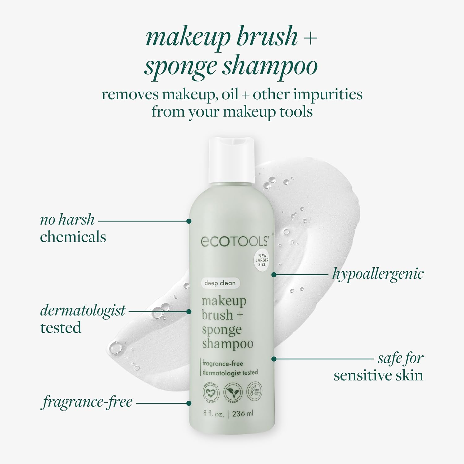 EcoTools XL Makeup Brush + Sponge Shampoo, Removes Makeup, Dirt, & Impurities From Makeup Brushes & Makeup Blending Sponges, Fragrance-Free, Vegan, & Cruelty-Free 16 fl. oz./473 ml, 1 Count, Clear - Image 3