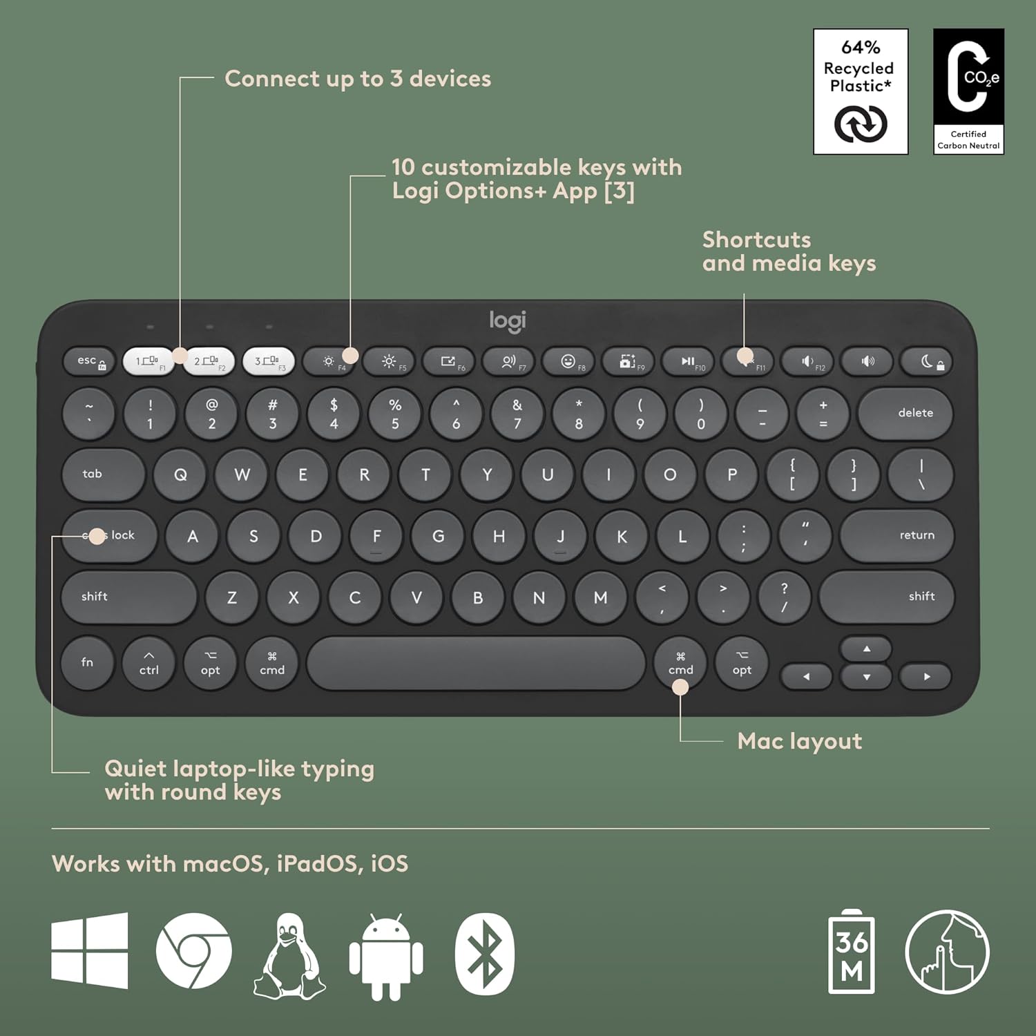 Logitech Pebble 2 Combo for Mac, Wireless Keyboard and Mouse, Slim, Quiet and Portable, Customizable, Bluetooth Mouse and Keyboard, Easy-Switch, for macOS, iPadOS - Tonal Graphite - Image 6