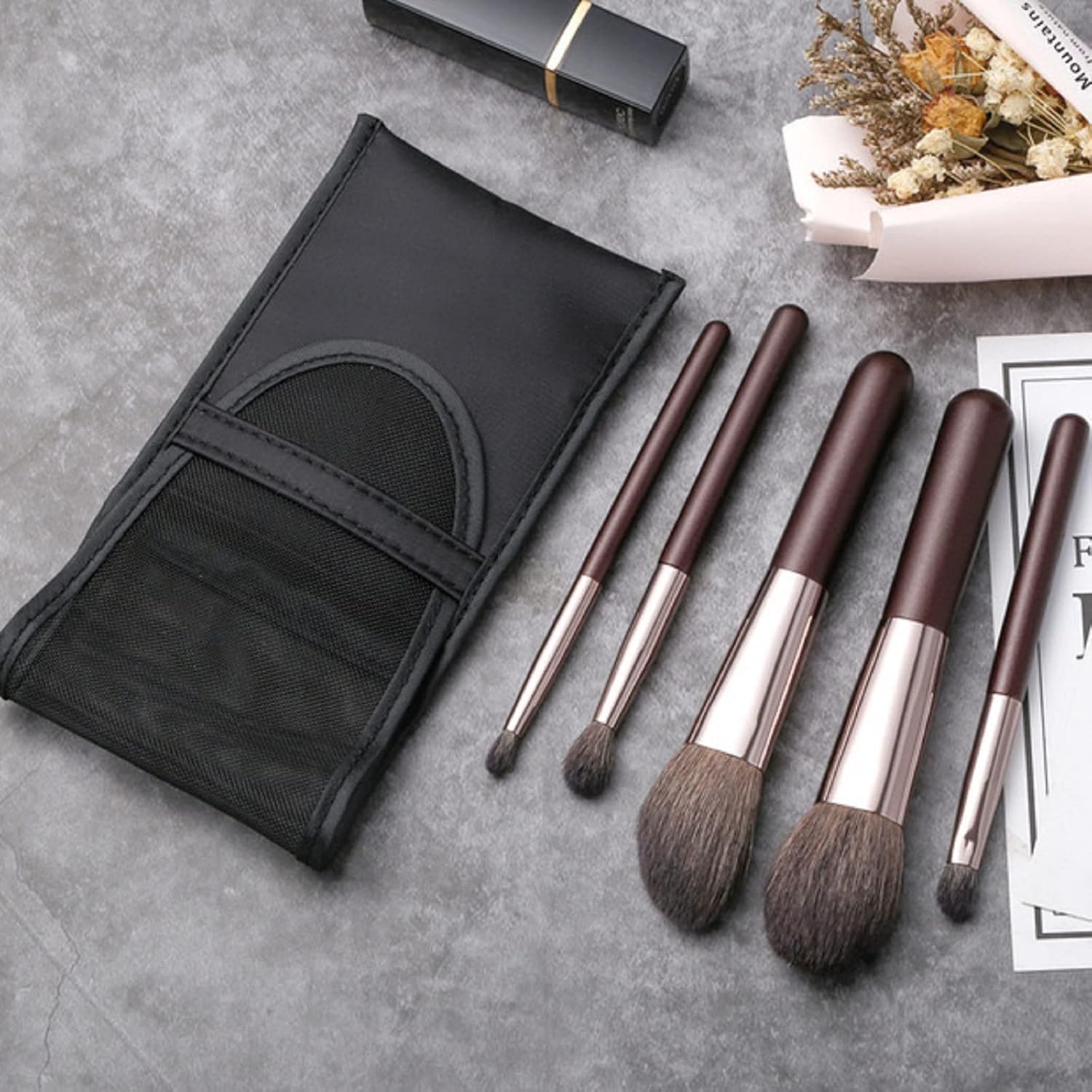 Travel Makeup Brushes Set w/Pouch, Portable 5PCS Professional Mini Cosmetic Brushes Kit for Powder Blush Concealers Contouring Highlighting - Image 5