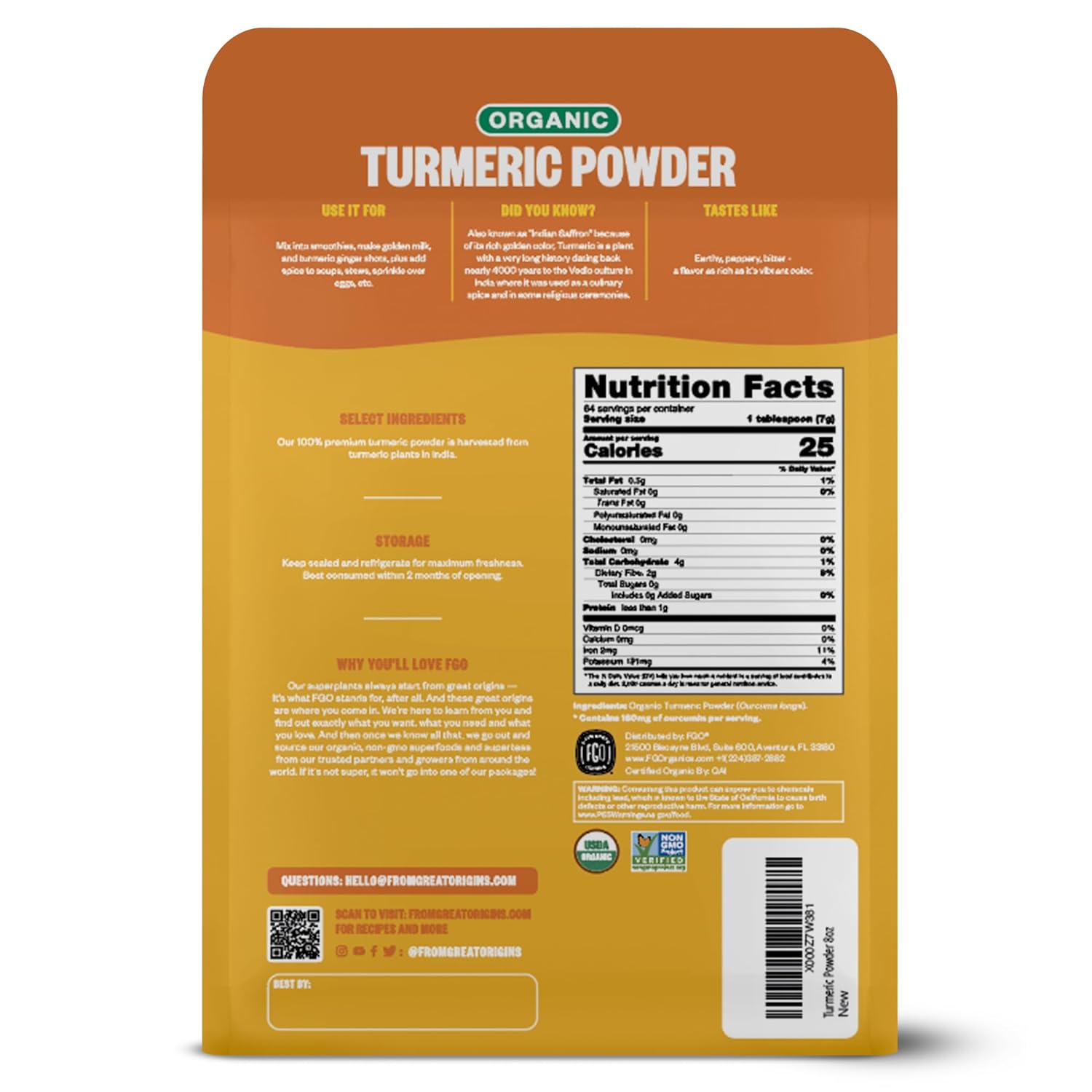 FGO Organic Turmeric Powder w/Curcumin, 8oz Resealable Pouch, USDA Organic and Non-GMO, Sourced from India, Packaging May Vary (Pack of 1) - Image 2