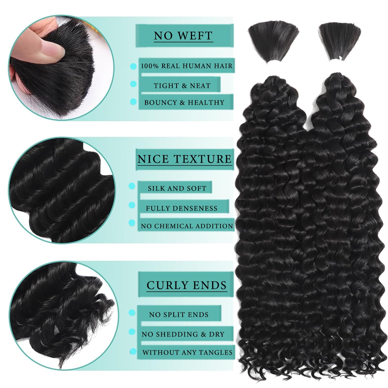 Human Braiding Hair for Boho Braids 12A Deep Water Wave Braiding Hair 100% Human Hair Unprocessed Brazilian Virgin Hair for 2 Bundles/Pack 100g Micro Braiding No Weft (1B-Natural Black-Deep, 16Inch) - Image 2