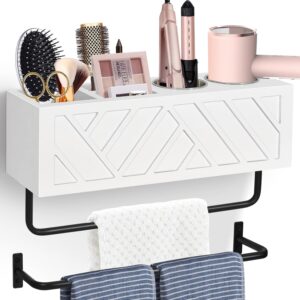 Hair Tool Organizer Wall Mount, Hair Dryer Holder with 2 Towel Bars, Wood Hot Tools Organizer, Rustic Bathroom Organizer Blow Dryer Holder for Bathroom Decor, Flat Iron, Curling Wand, Brushes(White)