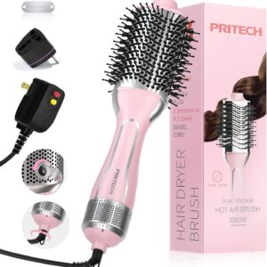 PRITECH 1000W Dual Voltage Ceramic Ionic Hair Dryer Brush,4-in-1 Hot Air Styler & One Step Volumizer for Straight & Curly Hair Salon (110-120V/220-240V),Blush Silver