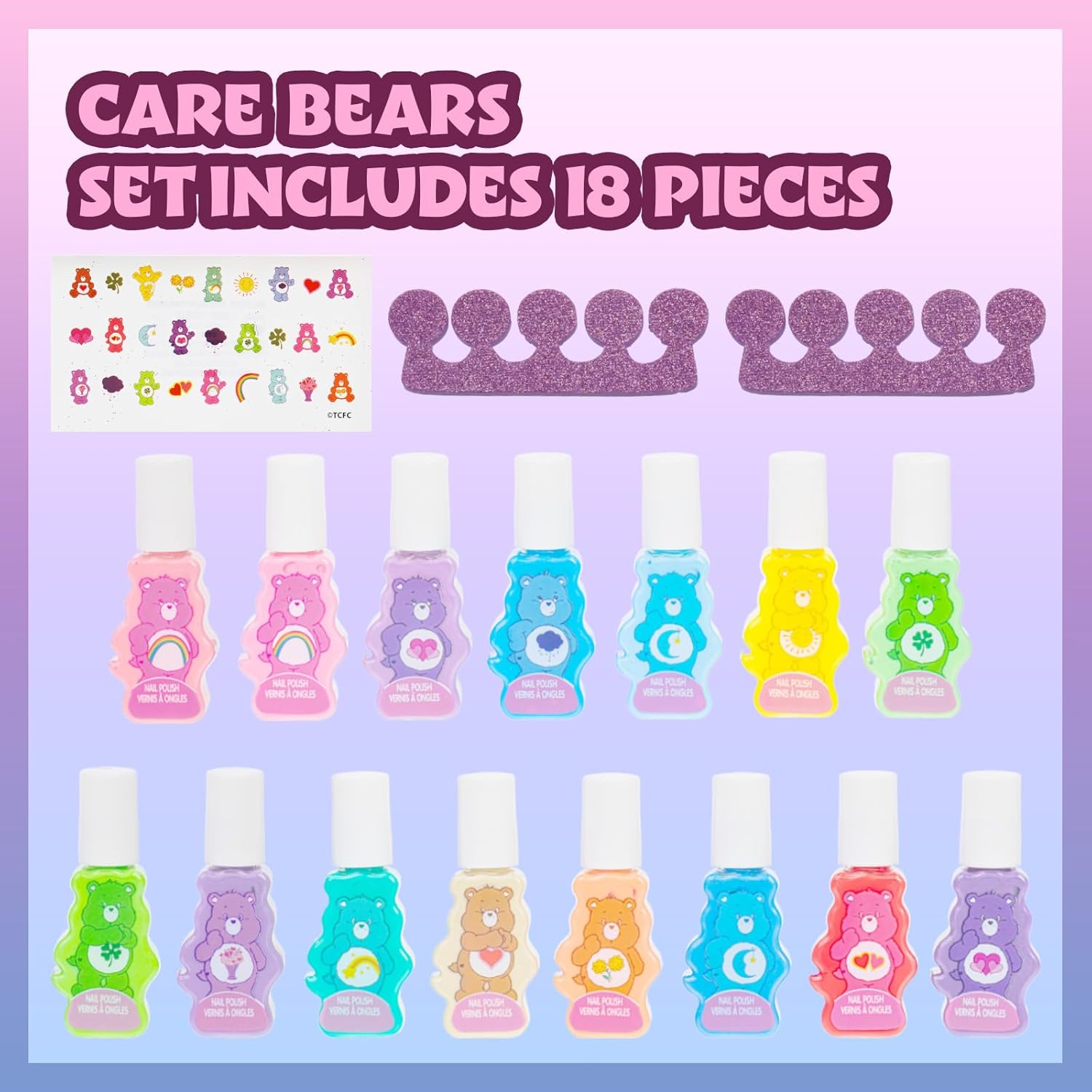 Townley Girl Care Bears 15 pcs Non-Toxic Nail Polish Set for Kids with Stickers & Toe Spacers | Peel able & Quick Dry | Birthday Gifts for Ages 3 - Image 2