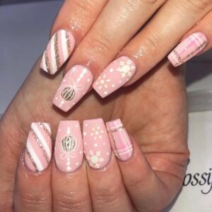 Christmas Press on Nails Medium Length Pink Fake Nails with Glue Snowflake Line Stripe Buffalo Plaid Acrylic Nails Design Winter Xmas Holiday False Nails for Women Girls DIY Christmas Nail Decoration