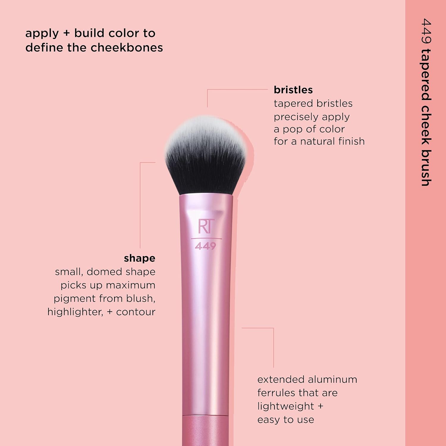 Real Techniques Tapered Cheek Makeup Brush, For Blush, Highlighter, Loose, Or Pressed Powder, Blush Brush With Synthetic Bristles, Precise Makeup Application, Aluminum Handle, Cruelty Free, 1 Count - Image 2