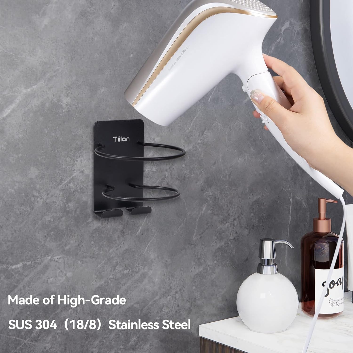 Hair Dryer Holder Wall Mount Self Adhesive, SUS 304 Stainless Steel Bathroom Hair Blow Dryer Rack Organizer, Black - Image 2