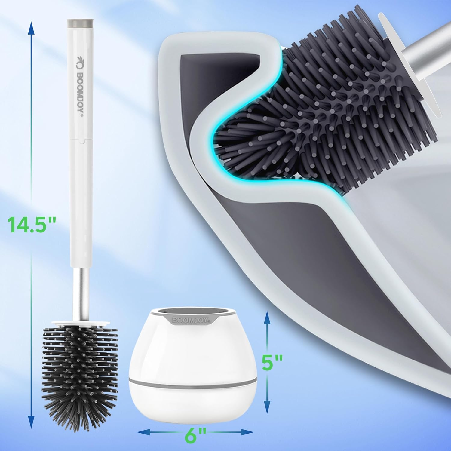 BOOMJOY Toilet Brush and Holder Set, Silicone Toilet Bowl Cleaner Brush, Bathroom Cleaning Bowl Kit with Tweezers, Bathroom Accessories with Aluminum Handle - White - Image 6