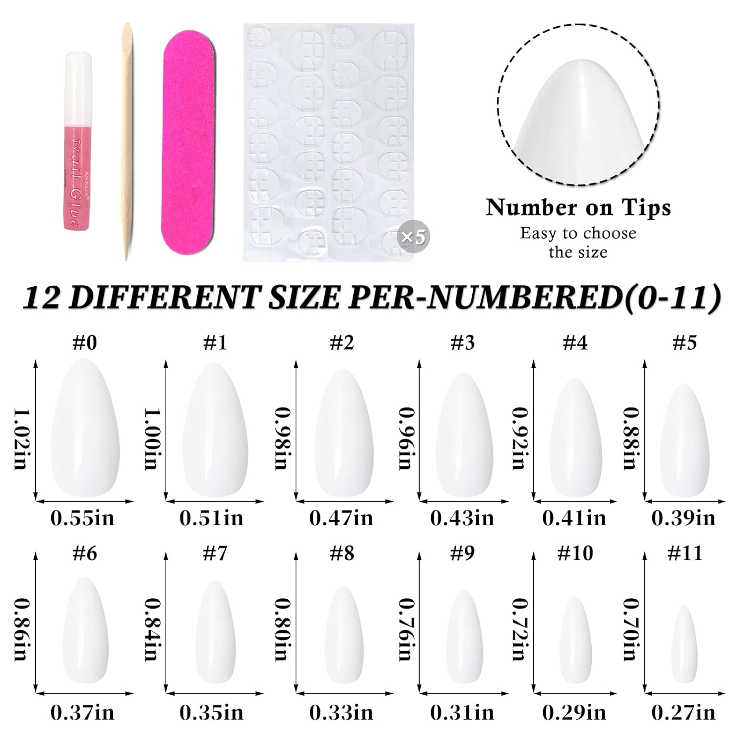 Medium White Almond 240 Piece Press On Nails Kit with Glue Tabs - Image 5