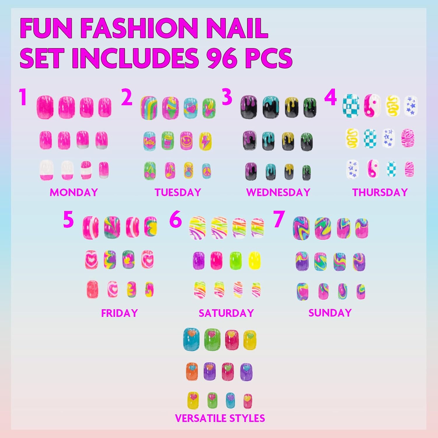 Townley Girl 96 Pcs Press-On Nails Including 3D and Glow-In-Dark Artificial False Nails Set for Tweens with Pre-Glue Full Cover Acrylic Nail Tip Kit, Great for Gifts, Parties, Sleepovers and Makeovers - Image 2