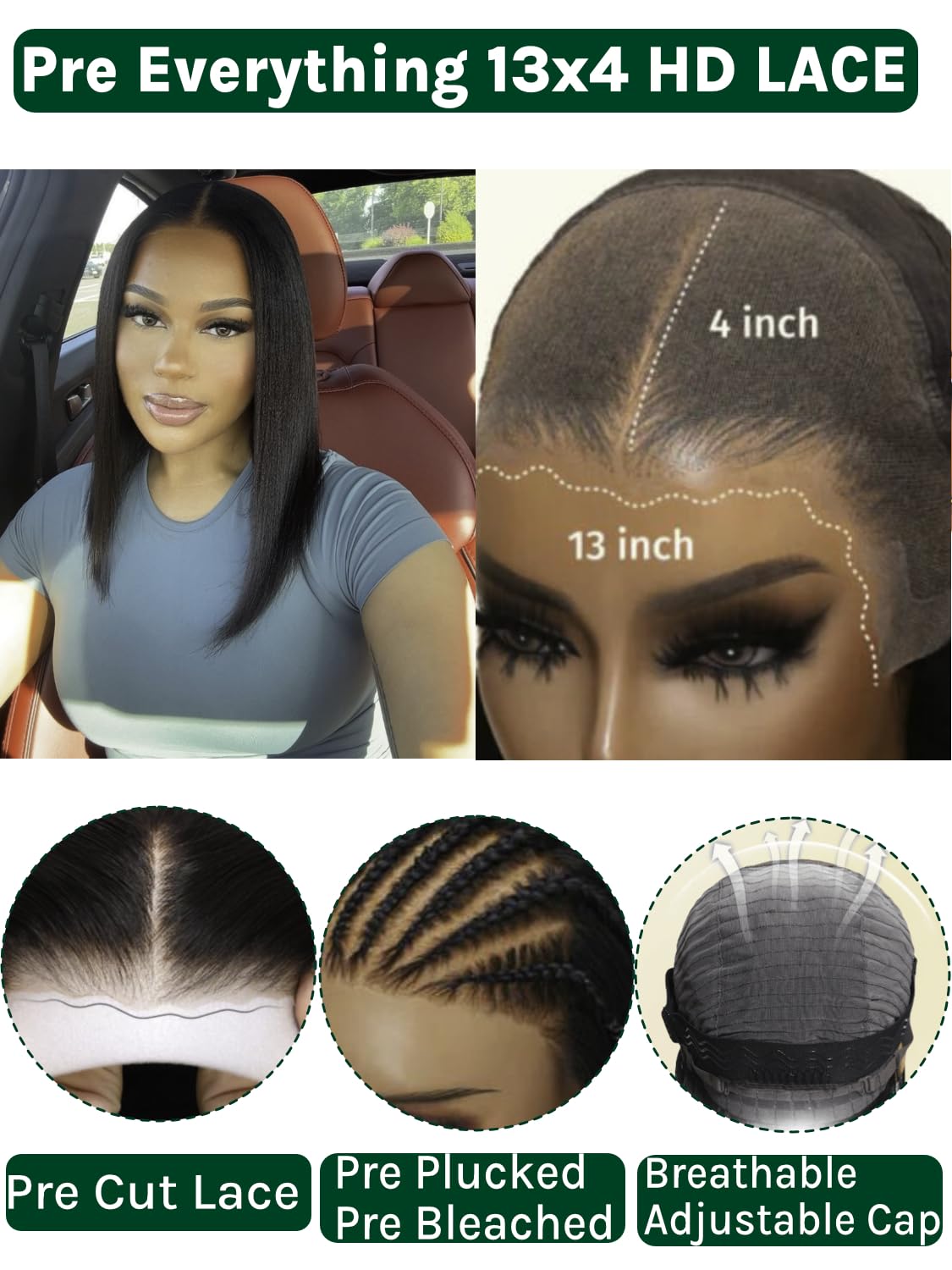 KLAIYI Yaki Straight Bob Wig Bye Bye Knots Glueless Pre Everything 13x4 Lace Frontal Wigs Human Hair Pre Cut Pre Plucked Pre Bleached Put On and Go Wigs for Beginners 30S Easy to Wear Kinky Wig 14Inch - Image 3