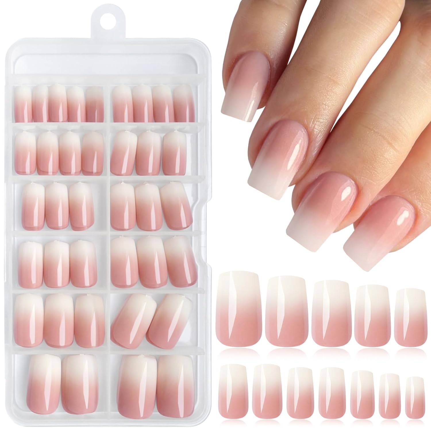 LoveOurhome 144pc Ombre Square Press on Nails Medium Fake Nails with Glue Tabs, Glue on Nails Square Ombre Nails Press on Nails Medium False Acrylic Nail Artificial Fingernails Women Stick on Nails