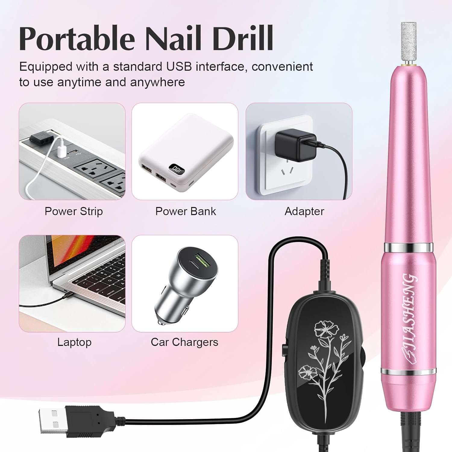 JIASHENG USB Electric Nail Drill, Portable Electric Nail File for Acrylic Gel Nails, Professional Drill Nail Kit Manicure and Pedicure Kit with Drill Bits for Home and Salon Use, Pink - Image 4