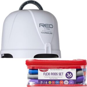 Red by Kiss 3000 Ceramic Tourmaline Professional Hood Dryer with 36PCS Flexi Rods Set – Adjustable Height Blow Dryer + No Heat Hair Curlers for Home & Salon Styling