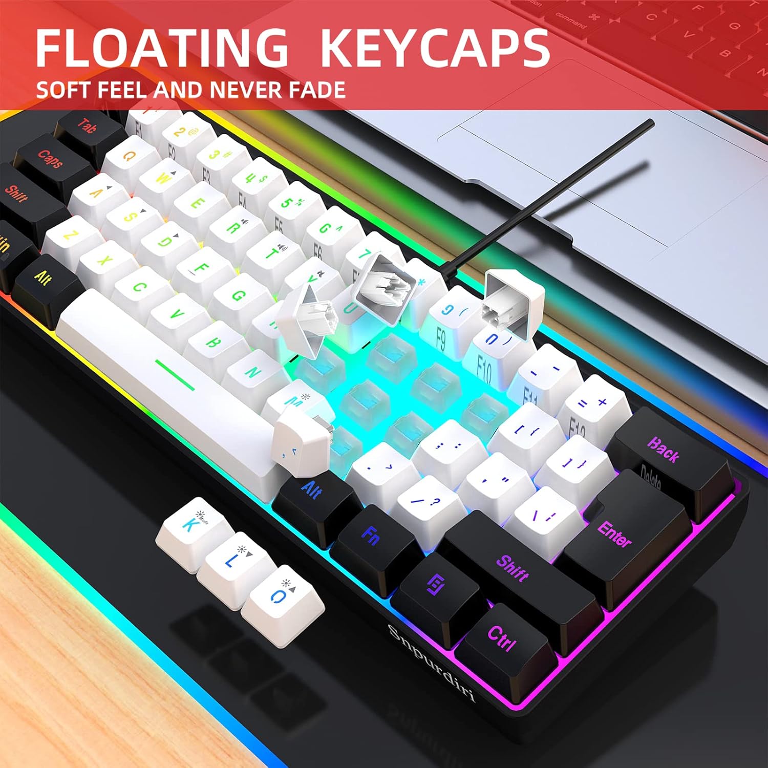 Snpurdiri 60% Wired Gaming Keyboard, 61 Keys RGB Backlit Ultra-Compact Small Gaming Keyboard, for PC/Mac Gamer, Typist, Travel, Easy to Carry on Business Trip(Black-White) - Image 5
