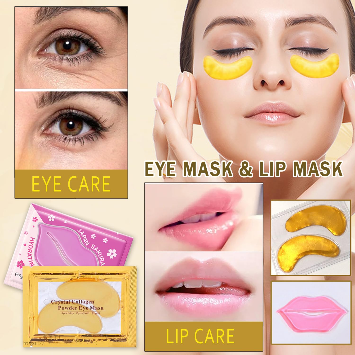 30 Pairs 24K Gold Eye Masks & Lip Masks, Crystal Collagen Gel Under Eye Patches for Puffy Eye, Moisturizing Cooling Skin Care Lip Eyes Patches for Puffiness and Dark Circles - Image 2