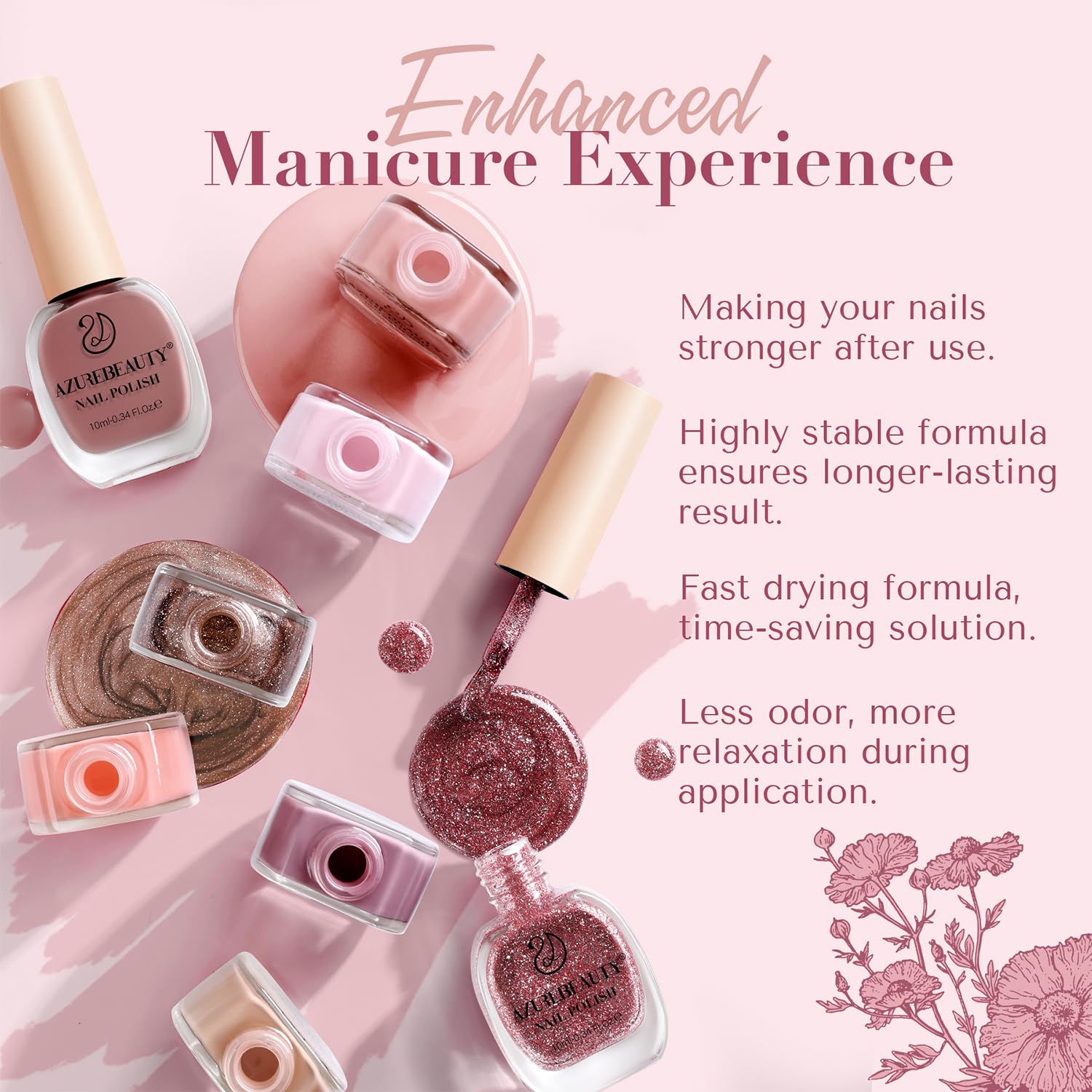 AZUREBEAUTY Light Dark Pink Nude Orange Champagne Glitter Quick Dry Nail Polish Set 8 Colors, Natural Nail Lacquer Strengthening Treatment Kit DIY Salon - Image 7