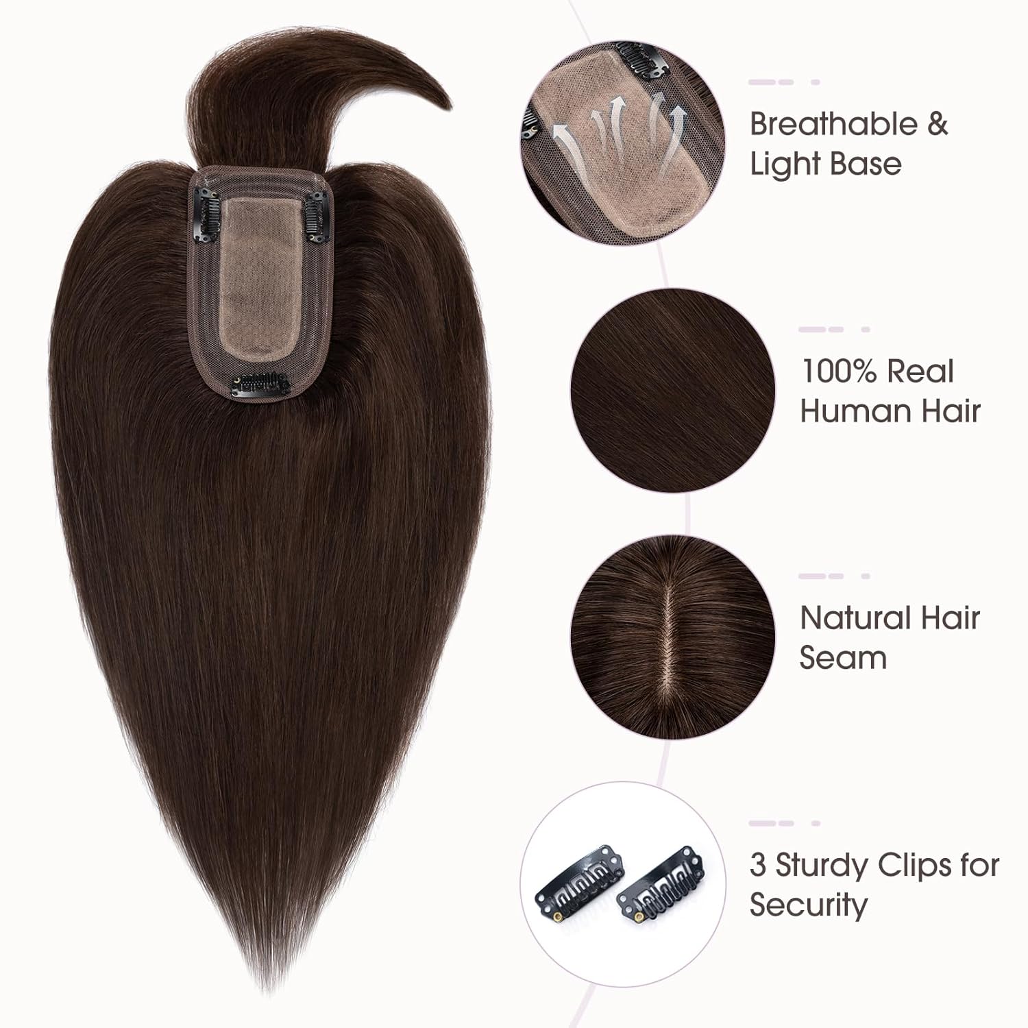 Hairro Human Hair Toppers with Bangs, 3D 360° Cover with 2.8"x5.1" Base, Clips in 100% Real Hairpieces for Women, for Covering Thinning Greyish Hair on Top, 12 Inch Dark Brown - Image 5