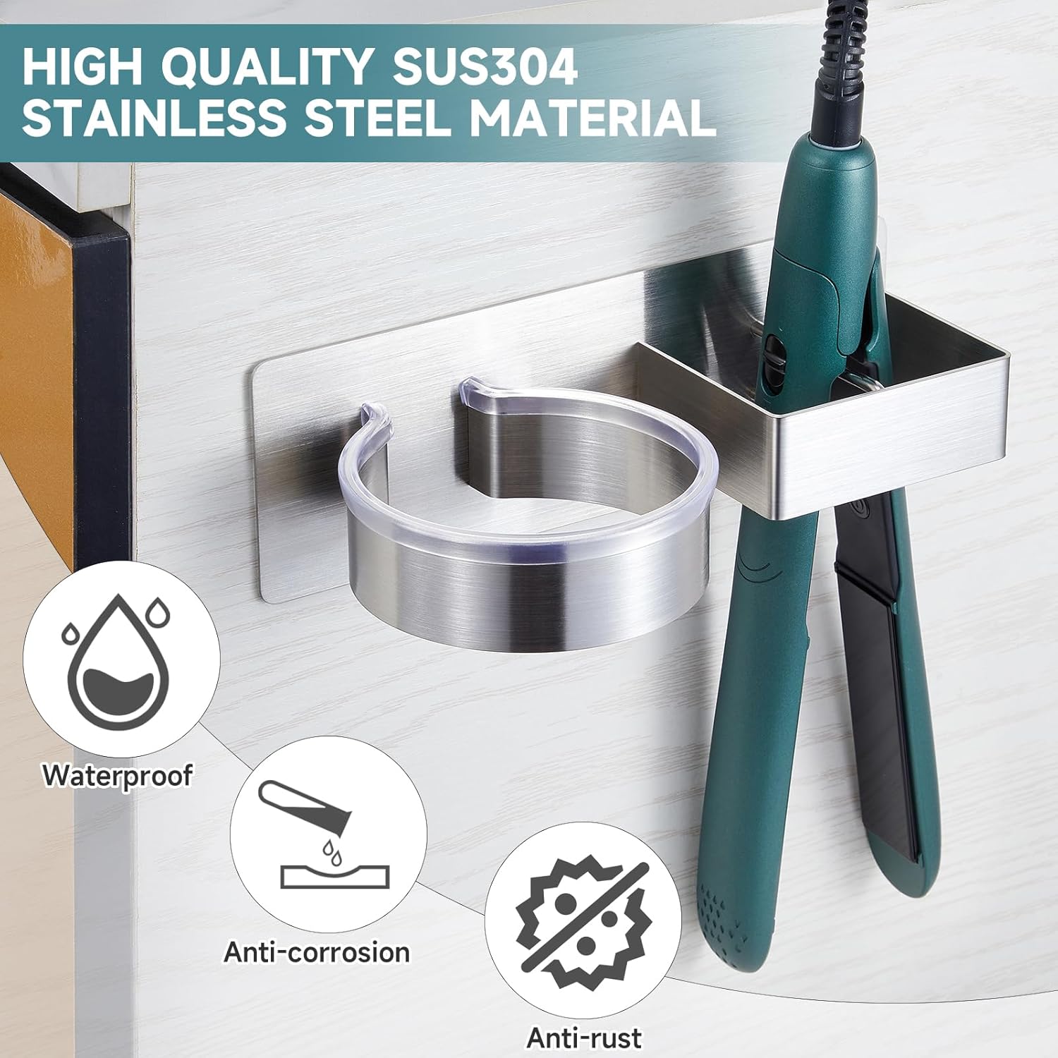 Hair Dryer Holder, Hair Tool Organizer, Stainless Steel Blow Dryer Holder Wall Mounted, Adhesive Straightener Holder, Bathroom Hair Care Styling for Flat Iron,Curling Iron,Hairdryer - Image 5