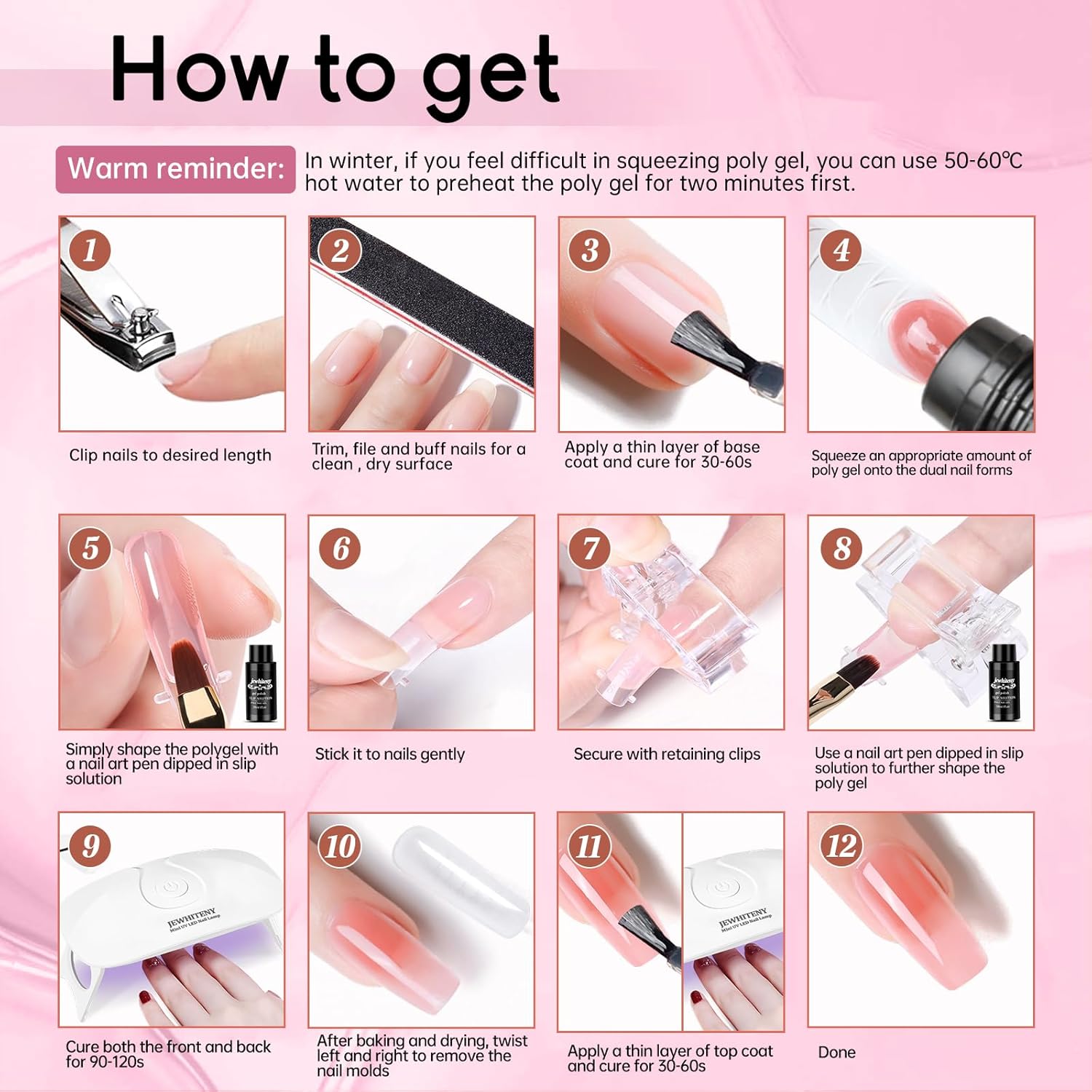 JEWHITENY Poly Extension Gel Nail Kit 14 PCS Poly Gel Kit with Slip Solution and Mini Lamp Nail Art Design Beginner - Image 7