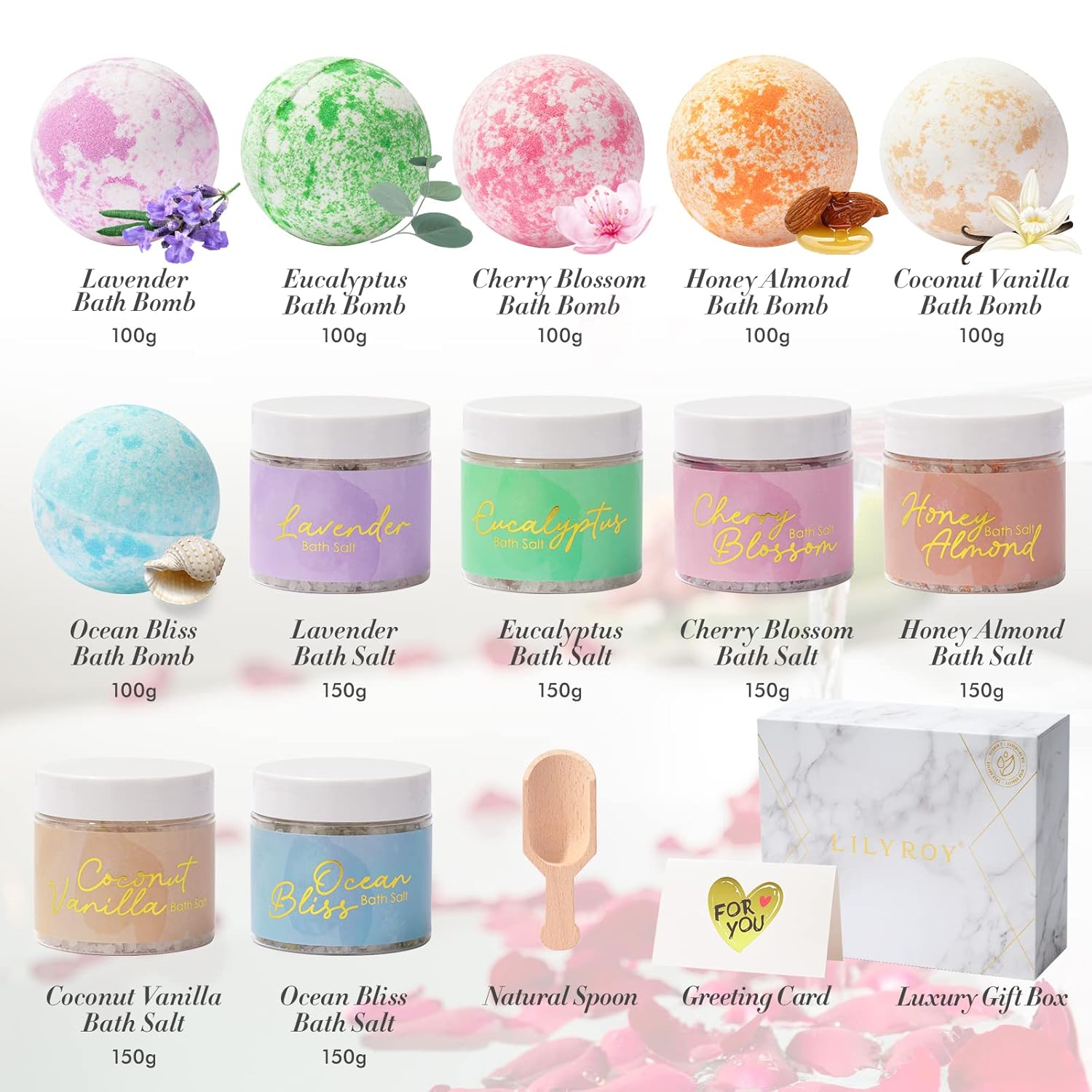 Luxury 14-Piece Floral Bath Salt & Bomb Gift Set for Mother's Day Gifts, Bath & Body Gift Set for Women, Self Care Kit with Bath Salt, Bath Bombs, Elegant Box | Christmas, Birthday Gifts for Her & Him - Image 3